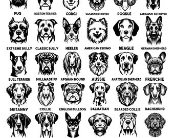 Dog heads Svg and Png Bundle 180 dog faces cuttable file Complete dog breeds svg insant digital downloads