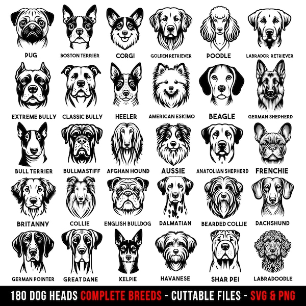 Dog heads Svg and Png Bundle 180 dog faces cuttable file Complete dog breeds svg insant digital downloads