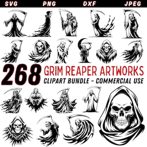 May include: A set of 268 black and white vector illustrations of Grim Reapers in various poses. The Grim Reapers are depicted with a scythe and a hooded robe. The illustrations are ideal for use in digital and print projects.
