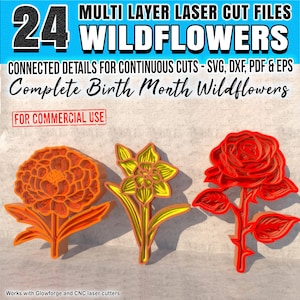 24 geboortemaand wilde bloemen meerlaagse lasergesneden bestanden dxf, svg, eps en pdf-bundel - wilde bloemen cnc meerlaagse 3D-gelaagde instant download