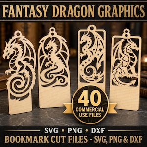 Puede incluir: Cuatro marcapáginas de madera de color claro con intrincados diseños de dragones cortados con láser. Una insignia circular en primer plano muestra el texto 40 COMMERCIAL USE FILES. La imagen incluye el texto FANTASY DRAGON GRAPHICS y SVG PNG DXF.