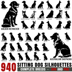May include: A black and white illustration of 940 different dog breeds sitting in a variety of poses. The text "940 Sitting Dog Silhouettes" and "Complete Breeds - SVG and PNG" is at the bottom of the image.