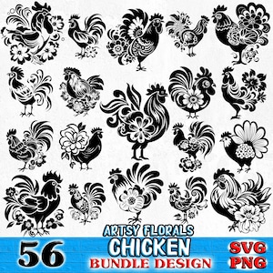 Floral Chicken Svg Png Pdf bundle artsy farmhouse hen cut files for Cricut | rustic floral chicken clipart set | instant digital download