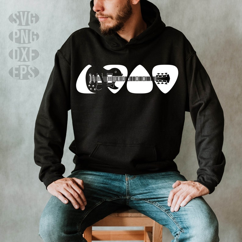 May include: Black hoodie with a white graphic of a guitar made up of three guitar picks.