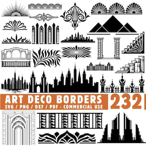 May include: A selection of Art Deco borders in black and white. The image showcases diverse architectural and geometric designs, including cityscapes, sunbursts, and stylized floral elements. The text "ART DECO BORDERS" is displayed in orange, along with file format information.