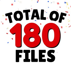 May include: A white background with red confetti and the text "TOTAL OF 180 FILES" in black.