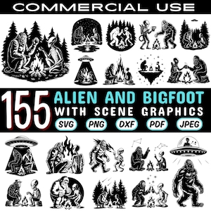 Alien & Bigfoot Scene Graphics Bundle | SVG DXF Files | Cricut Compatible | Mystical Forest Designs | Commercial use