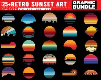 May include: A set of 25 retro sunset art graphics in various colors and designs. The graphics feature mountains, water, and geometric shapes. The text "25+ RETRO SUNSET ART GRAPHIC BUNDLE" is at the top of the image. The text "FILE TYPE: SVG PNG DXF EPS" is below the title.
