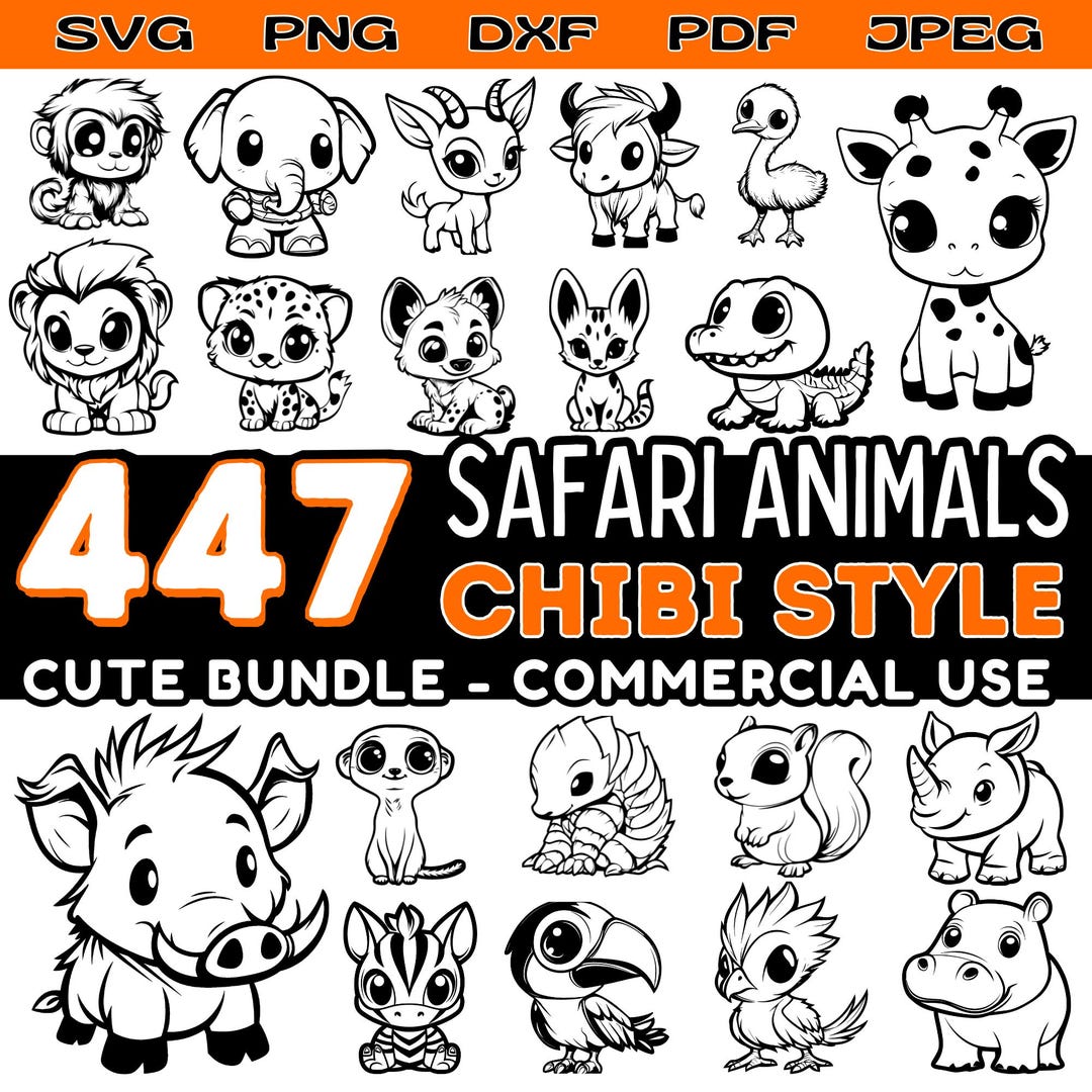 Chibi Safari Animals Svg Dxf Png Pdf Jpeg Bundle Instant Digital ...
