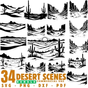 Puede incluir: Una colección de 34 ilustraciones de escenas del desierto en blanco y negro. Las imágenes incluyen cactus, cañones y paisajes. El texto en la parte inferior dice "34 Desert Scenes Bundle Commercial Use SVG - PNG - DXF - PDF".