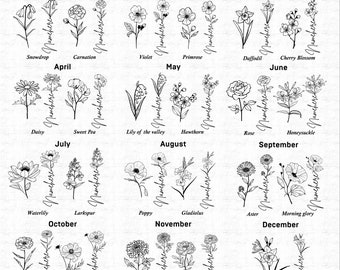Bundle de fleurs sauvages mois de naissance SVG et PNG / Fleurs du mois de naissance svg / Fleur d'anniversaire / Clipart fleur / Téléchargements instantanés de svg botanique