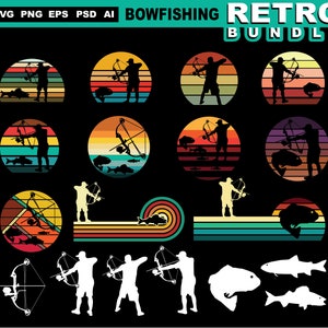 K&ouml;nnte beinhalten: Ein Retro-Design-Bundle zum Bogenschie&szlig;en mit Silhouetten von Sch&uuml;tzen, Fischen und B&ouml;gen vor farbenfrohen Sonnenuntergangshintergr&uuml;nden. Der Text "BOWFISHING RETRO BUNDLE" ist oben zu sehen. Enth&auml;lt SVG-, PNG-, EPS-, PSD- und AI-Dateiformate.