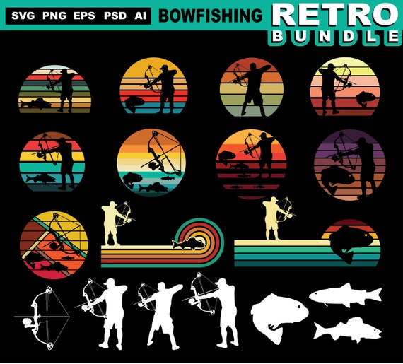 Bowfishing SVG Bundle Retro Sunset Fishing Silhouette Designs for Shirts Decals Cricut Instant Downloads