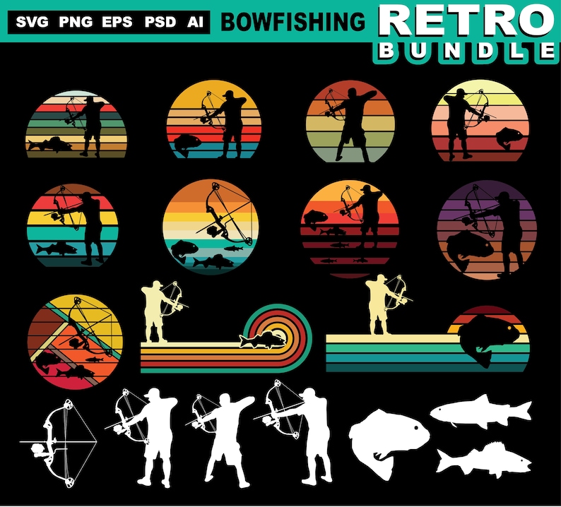 K&ouml;nnte beinhalten: Ein Retro-Design-Bundle zum Bogenschie&szlig;en mit Silhouetten von Sch&uuml;tzen, Fischen und B&ouml;gen vor farbenfrohen Sonnenuntergangshintergr&uuml;nden. Der Text "BOWFISHING RETRO BUNDLE" ist oben zu sehen. Enth&auml;lt SVG-, PNG-, EPS-, PSD- und AI-Dateiformate.