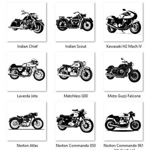 May include: A collection of 36 black and white illustrations of vintage motorcycles. The motorcycles are drawn in a simple, stylized manner and are arranged in a grid.