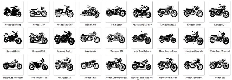May include: A collection of 36 black and white illustrations of vintage motorcycles. The motorcycles are drawn in a simple, stylized manner and are arranged in a grid.