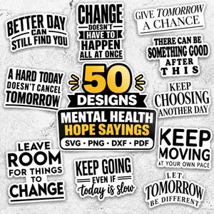 Può includere: Una collezione di 50 frasi sulla salute mentale con design di testo in nero e giallo. Le frasi includono Better Day Can Still Find You, Change Doesn't Have To Happen All At Once, Give Tomorrow A Chance e Keep Moving At Your Own Pace.