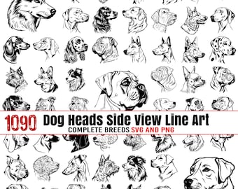 Cabeças de cachorro vista lateral linha arte Raças completas Pacote de gráficos Svg e PNG - cães filhote amante de animais de estimação dono downloads instantâneos