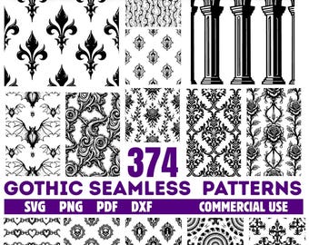 Gothic Seamless Dark Motif Patterns SVG Bundle for Laser Engraving, Gothic Repeat Ornament Designs, instant downloads