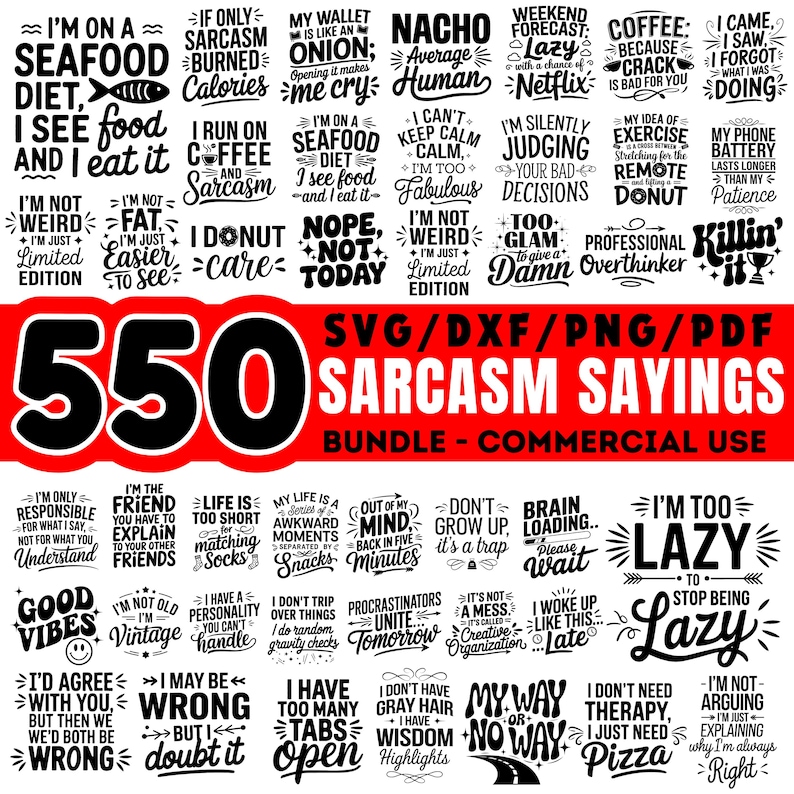 Sarcasm Included Funny Sarcasm Sayings PNG JPG PDF Bundle | Sarcastic Quotes Sublimation ...