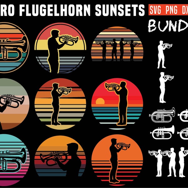 Flugelhorn svg files - Vintage retro Sunset graphic bundle old art style Music musician svg instant digital downloads