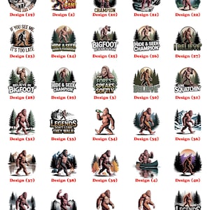 Puede incluir: Una colecci&oacute;n de dise&ntilde;os tem&aacute;ticos de Bigfoot, con ilustraciones de la criatura en varias poses y entornos. Los dise&ntilde;os incluyen texto como "I Believe", "Legends Walk Among Us" y "Hide & Seek Champion". La paleta de colores incluye marrones, verdes y azules.