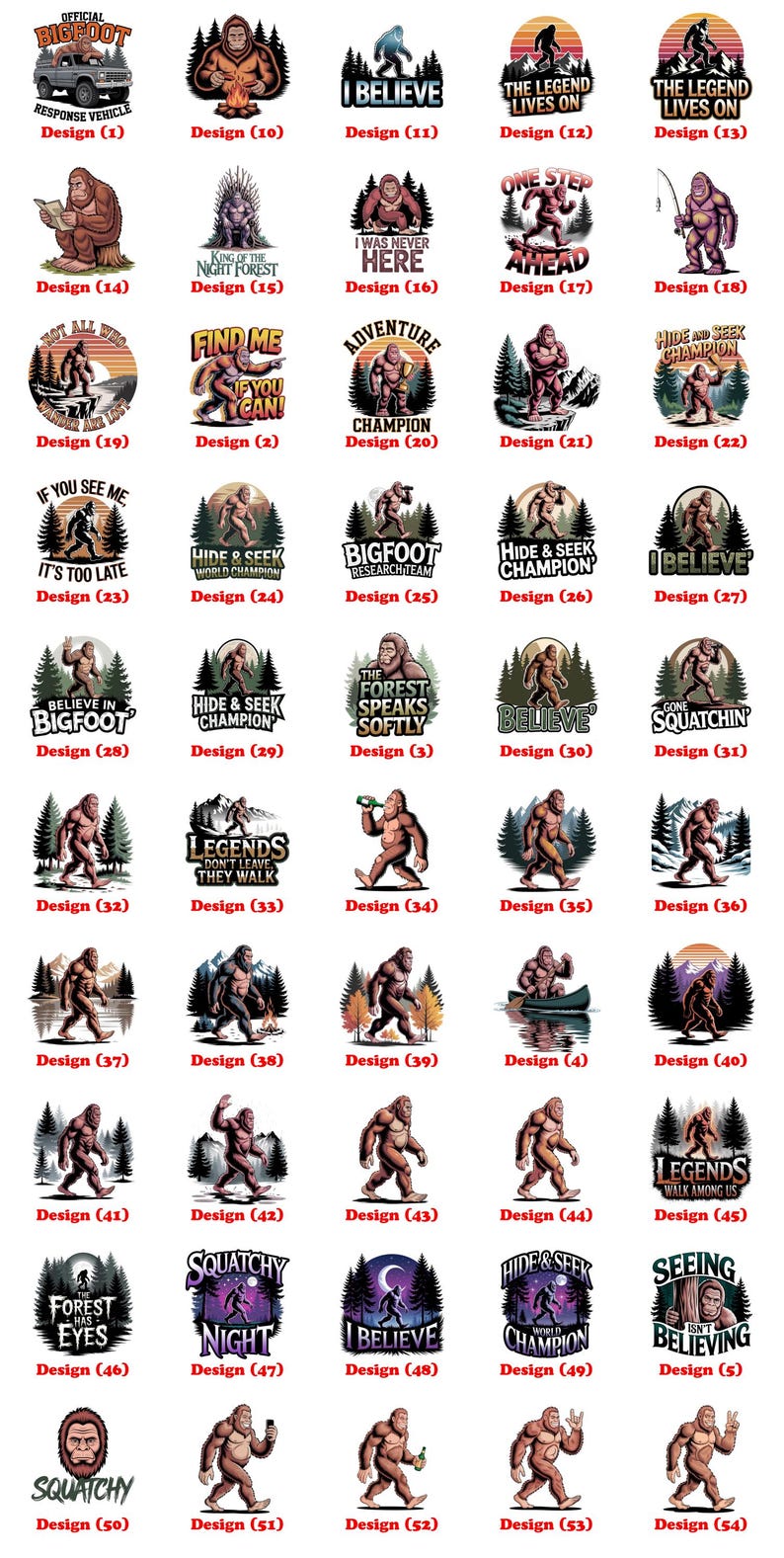 Puede incluir: Una colecci&oacute;n de dise&ntilde;os tem&aacute;ticos de Bigfoot, con ilustraciones de la criatura en varias poses y entornos. Los dise&ntilde;os incluyen texto como "I Believe", "Legends Walk Among Us" y "Hide & Seek Champion". La paleta de colores incluye marrones, verdes y azules.