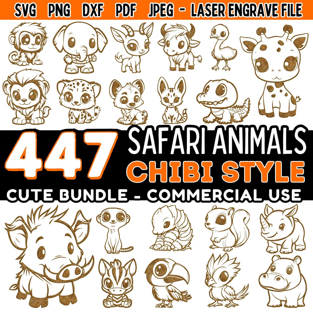 Safari Animals Chibi Style Cute Laser Engraving Files Bundle Svg Dxf ...