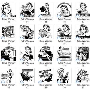 May include: A collection of 93 black and white illustrations featuring retro women in various poses and settings. The illustrations are in a vintage style and feature humorous text.