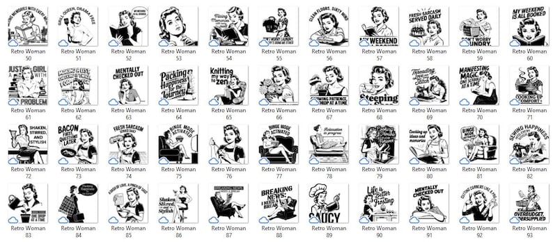 May include: A collection of 93 black and white illustrations featuring retro women in various poses and settings. The illustrations are in a vintage style and feature humorous text.