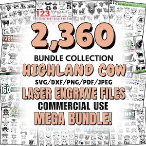 Bundel met gravure van Schotse hooglanders | Boerderij koe lasergesneden bestand | Highland Cow DXF voor Glowforge | Gluren koegravure
