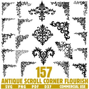 Peut inclure: Une collection de 157 ornements de coin de défilement antiques noirs dans divers motifs. L'image comprend des motifs floraux, en forme de cœur et symétriques. Le texte en bas indique "Antique Scroll Corner Flourish" et les options de type de fichier.