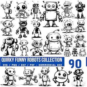 Puede incluir: Ilustración en blanco y negro con una colección de diseños de robots divertidos y extravagantes. Los robots tienen diversas formas y expresiones. El texto "QUIRKY FUNNY ROBOTS COLLECTION" y el número "90" también están presentes.