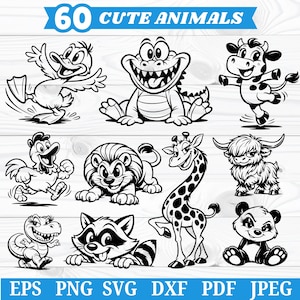 Puede incluir: Ilustraciones de dibujos animados en blanco y negro de varios animales, incluyendo un pato, un caimán, una vaca, un pollo, un león, una jirafa, un toro, un dinosaurio, un mapache y un panda. El texto "60 Cute Animals" está en la parte superior.
