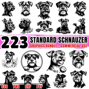 Op de afbeelding: Een set van 223 zwart-witte vectorillustraties van Standard Schnauzers in verschillende poses. De afbeeldingen zijn perfect voor commercieel gebruik en omvatten een verscheidenheid aan ontwerpen, zoals de hond die recht vooruit kijkt, naar de zijkant kijkt en omhoog kijkt. De afbeeldingen zijn perfect voor gebruik op T-shirts, mokken, stickers en andere merchandise.