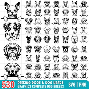 530 Graphics Peeking Dogs including Dog heads Complete Breeds - SVG and PNG bundle - Peeking dogs puppy pet lover owner instant downloads
