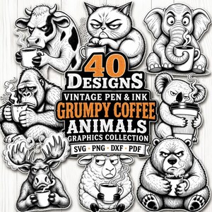 Peut inclure: Une collection de 40 illustrations à la plume et à l'encre en noir et blanc représentant des animaux grincheux, dont une vache, un chat, un éléphant, un gorille, un koala, un élan, un mouton et un ours, tenant chacun une tasse de café fumante.