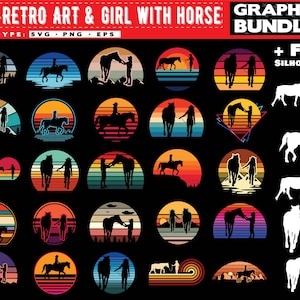 Horse svg files horseback riding Girl with horse retro sunset art bundle graphic theme female version Equestrian instant digital downloads