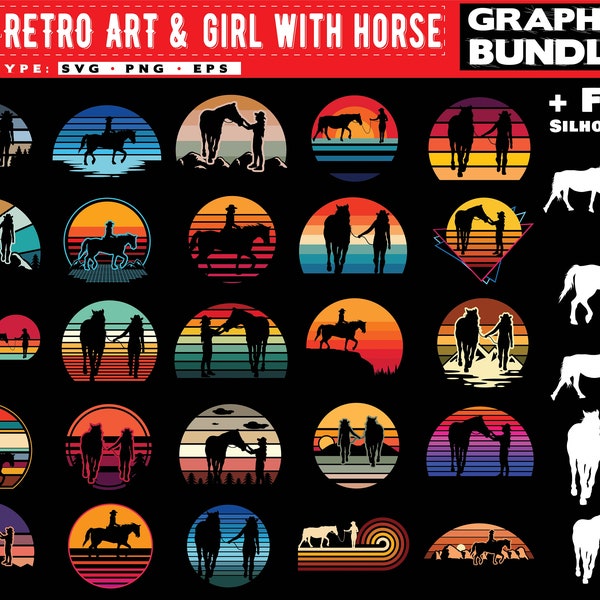 Horse svg files horseback riding Girl with horse retro sunset art bundle graphic theme female version Equestrian instant digital downloads