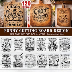May include: A collection of funny cutting board designs. The image showcases various wooden cutting boards with humorous text and illustrations. Designs include chickens, cows, and witty phrases like "Chop Happens" and "We Call It Family."