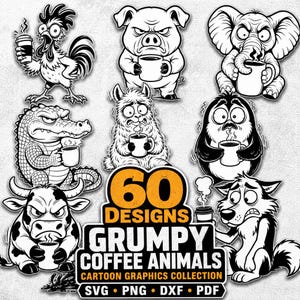 Puede incluir: Una colección de 60 gráficos de animales en blanco y negro que incluye un gallo, cerdo, elefante, caimán, llama, pingüino, toro y lobo, cada uno sosteniendo una taza de café. El texto dice 60 DESIGNS GRUMPY COFFEE ANIMALS CARTOON GRAPHICS COLLECTION.
