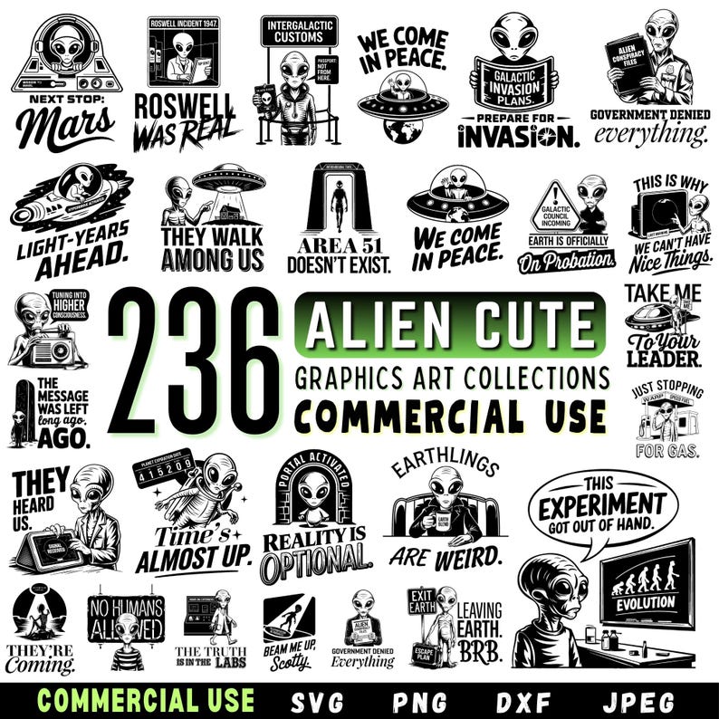 Alien Cute Graphics Art Collection | SVG DXF Bundle | UFO & Alien Head ...