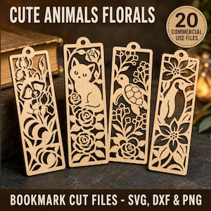 Puede incluir: Cuatro marcapáginas rectangulares de madera con diseños cortados a láser de un mapache, un gato, una tortuga y un pingüino rodeados de motivos florales. Cada uno tiene un agujero arriba. Texto: CUTE ANIMALS FLORALS 20 COMMERCIAL USE FILES.