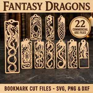 May include: A collection of eleven light-colored wooden laser-cut bookmarks featuring intricate dragon designs. The set includes a circular emblem with the text 22 COMMERCIAL USE FILES. The bottom text reads BOOKMARK CUT FILES - SVG, PNG & DXF.