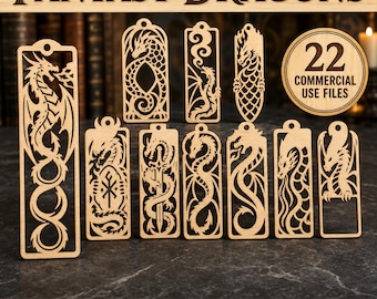 Fantasy Dragons Bookmark SVG DXF Bundle, Laser-Cut Style Wood Acrylic Digital Download