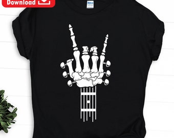 Paquete de archivos SVG PNG de música con diseño de mano esquelética, guitarrista, banda de rock, diseños gráficos, descargas instantáneas.