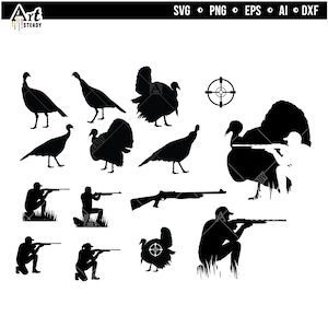 May include: A set of 12 black and white silhouette images of turkeys and hunters. The images include turkeys in various poses, hunters aiming rifles, and a target with a crosshair.