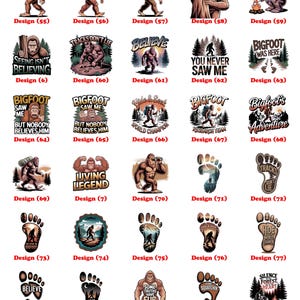 Puede incluir: Una colecci&oacute;n de dise&ntilde;os tem&aacute;ticos de Bigfoot. Las im&aacute;genes presentan ilustraciones de Bigfoot en varias poses, junto con textos como "Believe", "Tracks Don't Lie" y "Bigfoot Was Here". Los dise&ntilde;os son de estilo caricatura.