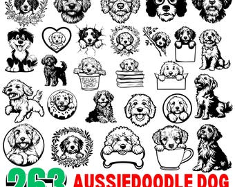 Aussiedoodle Hund SVG | DXF-Bundle | Cricut Cut Dateien | Australian Shepherd Pudel Mix | Gekritzel Hund Silhouette | Welpe Clipart
