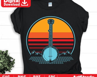 Banjo SVG files, vintage musical instrument graphic, retro sunset design, instant download